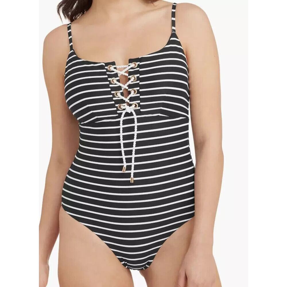 NEW Sea Level Swimsuit Sz 12 Blue White One Piece Stripe Lace Up Removeable Pads